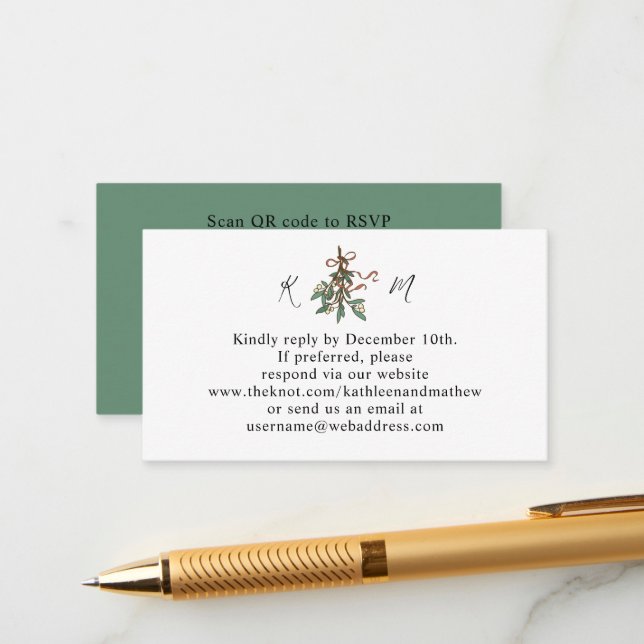 Tarjeta De Recepción Simple MistletoHoliday Código QR RSVP (Anverso/Reverso In Situ)