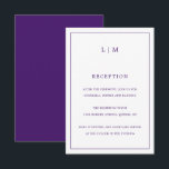 Tarjeta De Recepción Simple Monograma Purple Elegante Boda<br><div class="desc">Tarjeta de gabinete simple Boda con un diseño moderno y elegante con su monograma de dos letras en la parte superior junto con la información de recepción rodeada de un borde delgado. Todos los elementos de diseño están en color púrpura y pueden cambiarse en la herramienta de edición de diseño....</div>