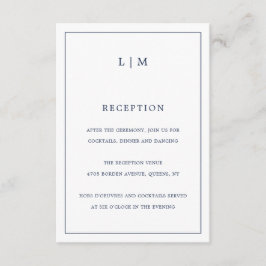 Tarjeta De Recepción Simple Navy Blue Monograma Elegante Boda