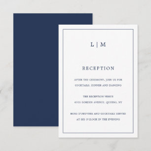 Tarjeta De Recepción Simple Navy Blue Monograma Elegante Boda