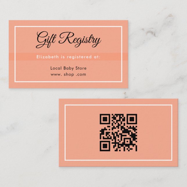 Tarjeta De Recepción Simple Peach Babyshower QR Registry Enclosure Card (Anverso / Reverso)