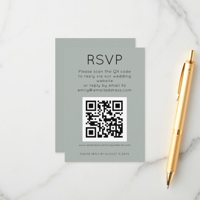 Tarjeta De Recepción Simple QR Code Light Sage Wedding RSVP (Anverso/Reverso In Situ)