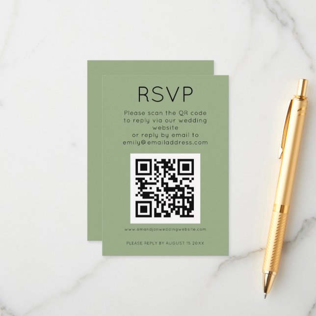 Tarjeta De Recepción Simple QR Code Sage Green Wedding RSVP (Anverso/Reverso In Situ)