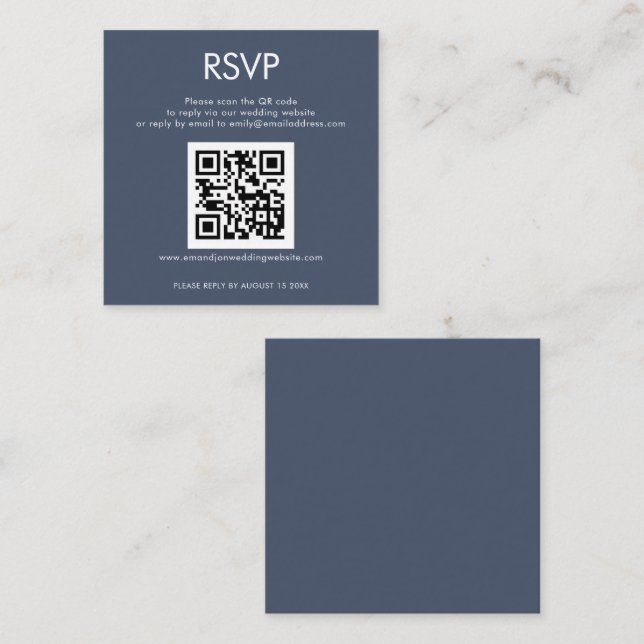 Tarjeta De Recepción Simple QR Código Polvoriento Marina Boda Azul RSVP (Anverso / Reverso)