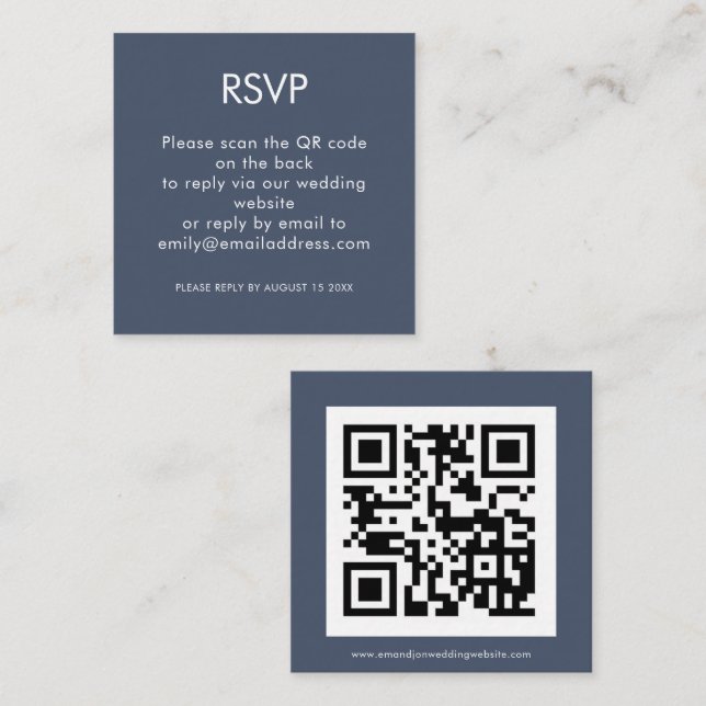 Tarjeta De Recepción Simple QR Código Polvoriento Marina Boda Azul RSVP (Anverso / Reverso)