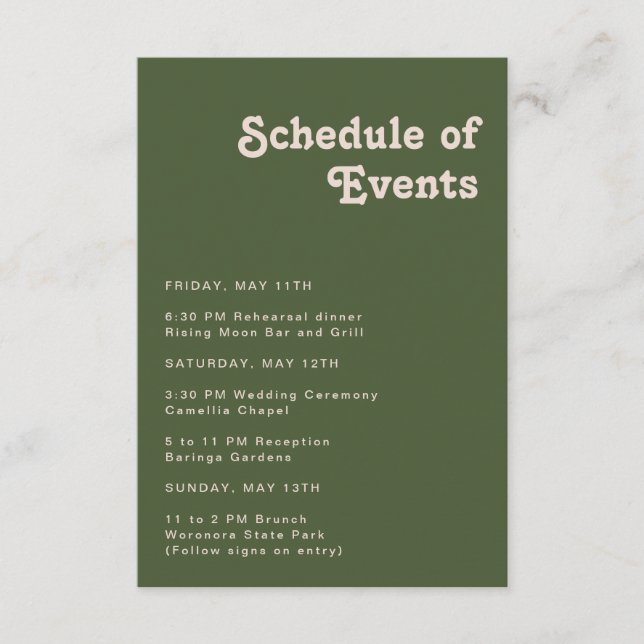 Tarjeta De Recepción Simple Retro Vibes Olive Green Schedule of Events (Anverso)