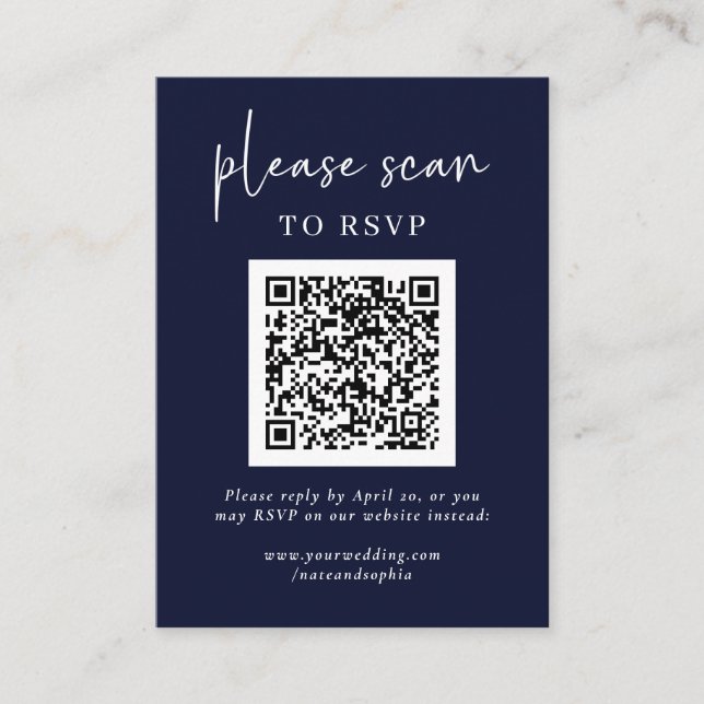 Tarjeta De Recepción Simple RSVP moderna con código QR | Azul marino (Anverso)