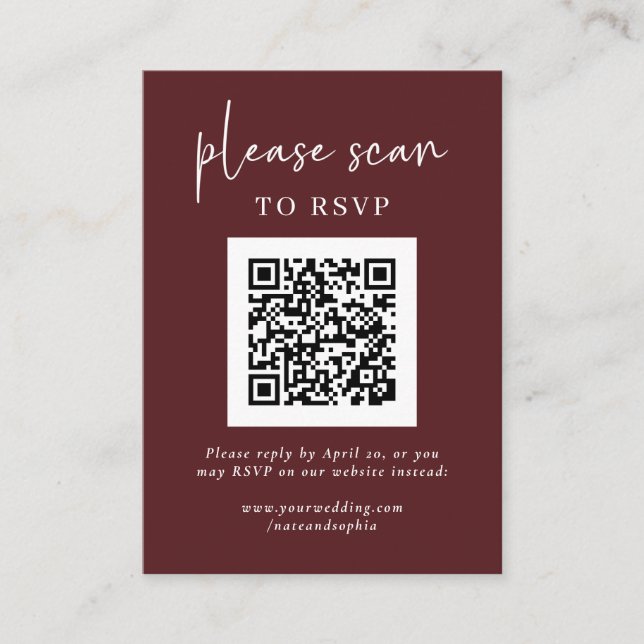 Tarjeta De Recepción Simple RSVP moderna con código QR | Borgoña (Anverso)