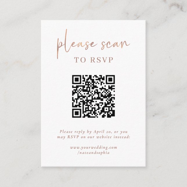Tarjeta De Recepción Simple RSVP moderna con código QR | Faux Rosa Gold (Anverso)