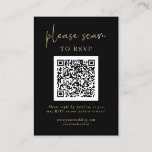 Tarjeta De Recepción Simple RSVP moderna con código QR Oro y negro