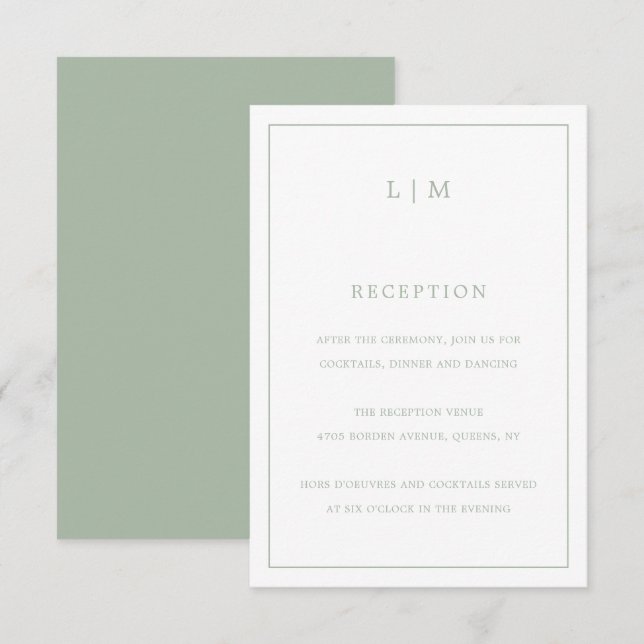 Tarjeta De Recepción Simple Sage Green Monograma Elegante Boda (Anverso / Reverso)