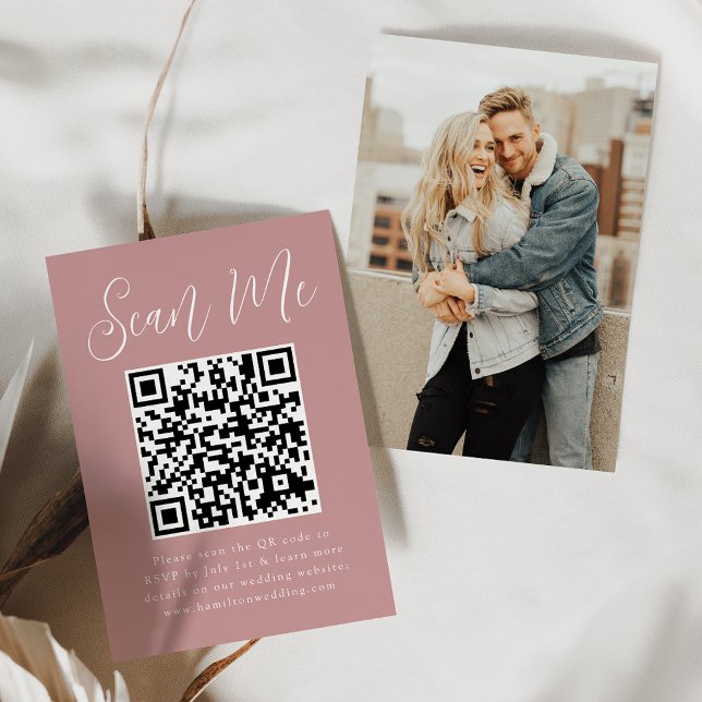 Tarjeta De Recepción Simple Script Dusty Rose QR Code Wedding RSVP (Subido por el creador)