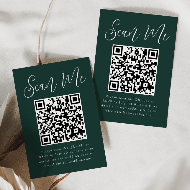 Tarjeta De Recepción Simple Script Forest Green QR Code Wedding RSVP (Subido por el creador)