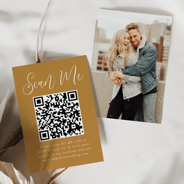 Tarjeta De Recepción Simple Script Ochre Photo QR Boda de código RSVP (Subido por el creador)