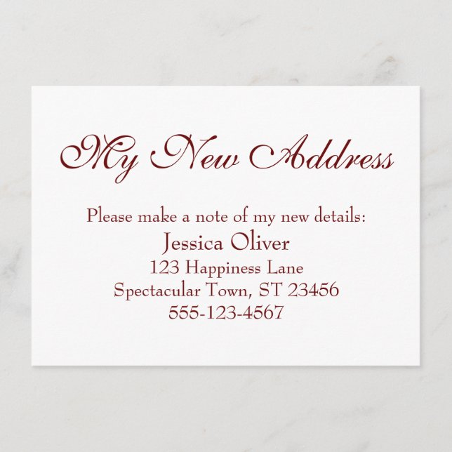Tarjeta De Recepción Simple y elegante Mi nueva dirección Borgoña en bl (Anverso)