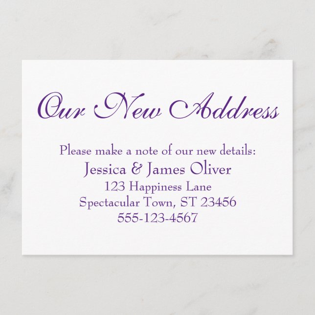 Tarjeta De Recepción Simple y elegante Nuestra nueva dirección morado e (Anverso)