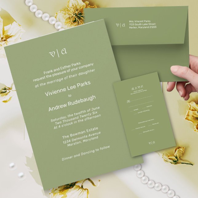 Tarjeta De Recepción Simplemente elegante L'Herbe Tarragon (tarragon green wedding invitation)