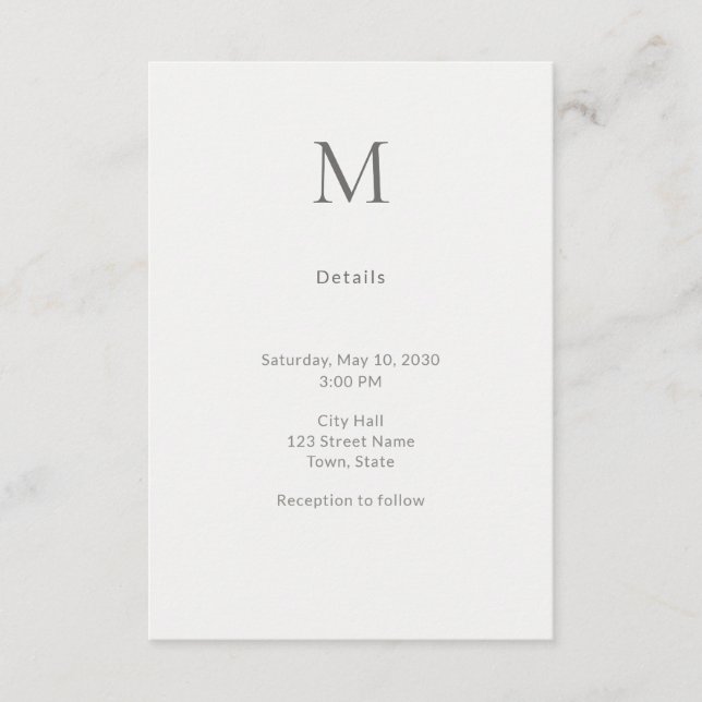Tarjeta De Recepción Single Initial Civil Wedding Details Card (Anverso)