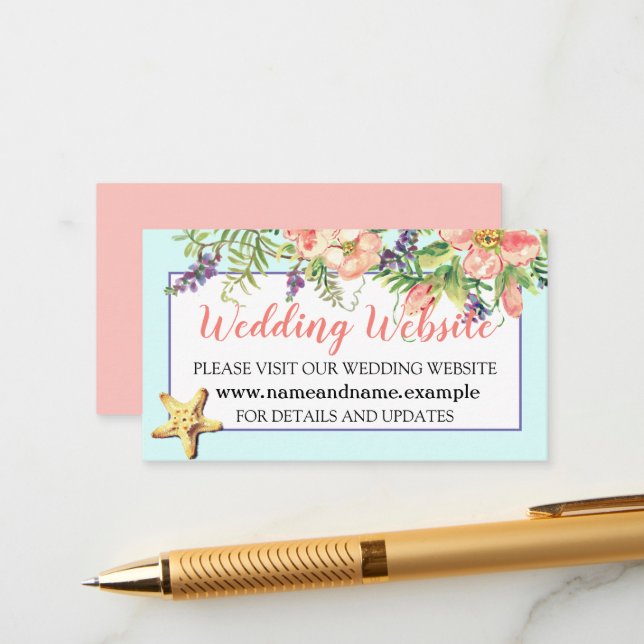 Tarjeta De Recepción Sitio web Aqua Beach Wedding Floral Seashells Pear (Anverso/Reverso In Situ)