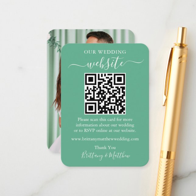 Tarjeta De Recepción Sitio web boda Foto QR Mint Green (Anverso/Reverso In Situ)