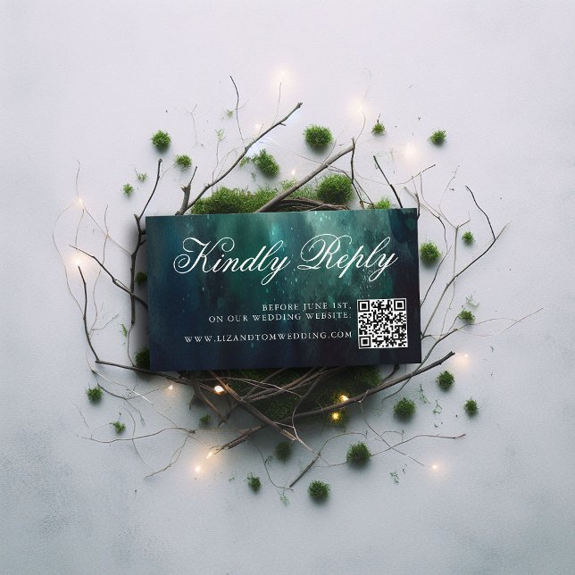 Tarjeta De Recepción Sitio web boda QR Código Encantado Boda Jardín (enchanted forest emerald wedding website rsvp card qr code elegant modern calligraphy formal magical)