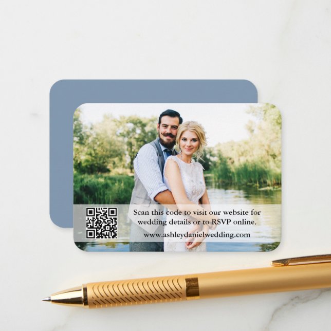 Tarjeta De Recepción Sitio web boda QR Foto superpuesta Dusty Azul (Anverso/Reverso In Situ)