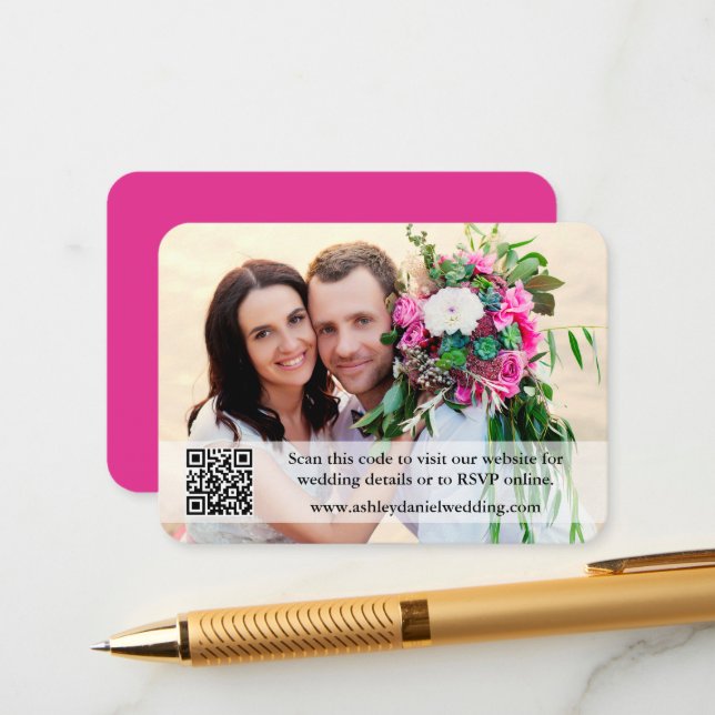 Tarjeta De Recepción Sitio web boda QR Sobreposición Foto Rosa caliente (Anverso/Reverso In Situ)
