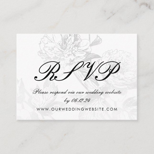 Tarjeta De Recepción Sitio web boda RSVP Plata floral simple negro (Anverso)