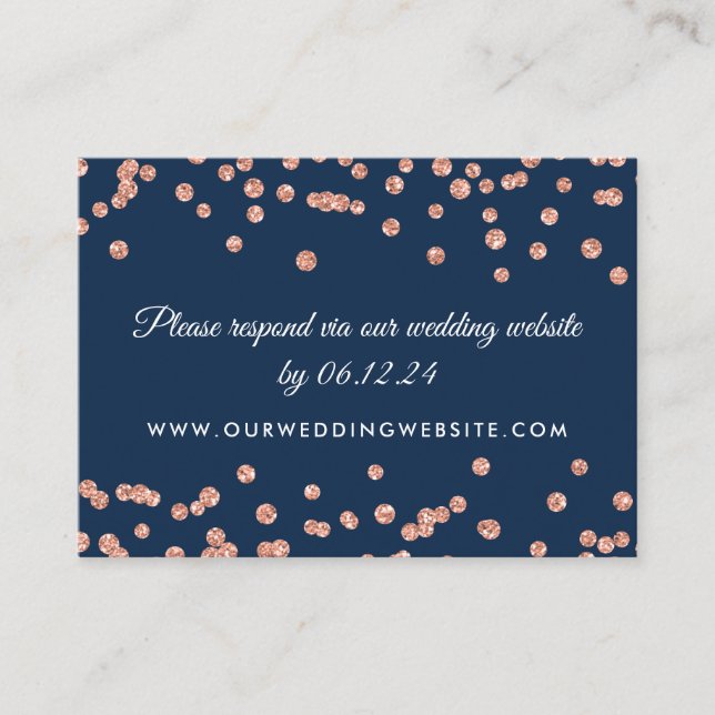 Tarjeta De Recepción Sitio web boda RSVP Rosa Gold Confetti Navy (Anverso)