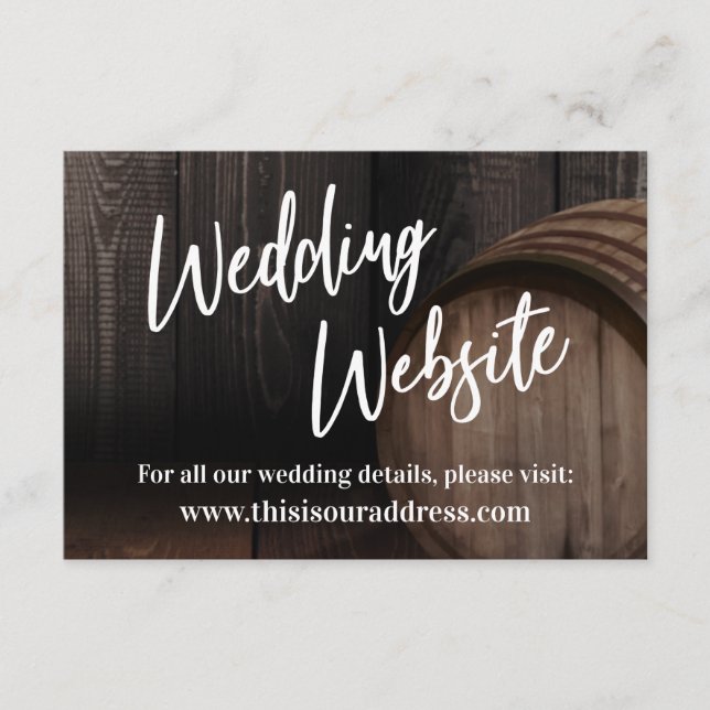 Tarjeta De Recepción Sitio web boda Typography Wood Barrel (Anverso)