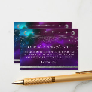 Tarjeta De Recepción Sitio web Boda Verde azulado púrpura cósmico RSVP 