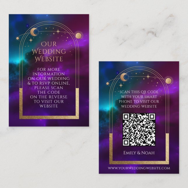 Tarjeta De Recepción Sitio web Boda Verde azulado púrpura cósmico RSVP  (Anverso / Reverso)