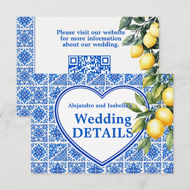 Tarjeta De Recepción 💙🍋Sitio web de boda Azul & Limone Romance (Anverso / Reverso)