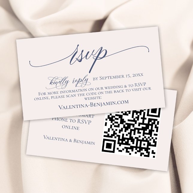 Tarjeta De Recepción Sitio web de boda beige azul elegante código RSVP  (Subido por el creador)