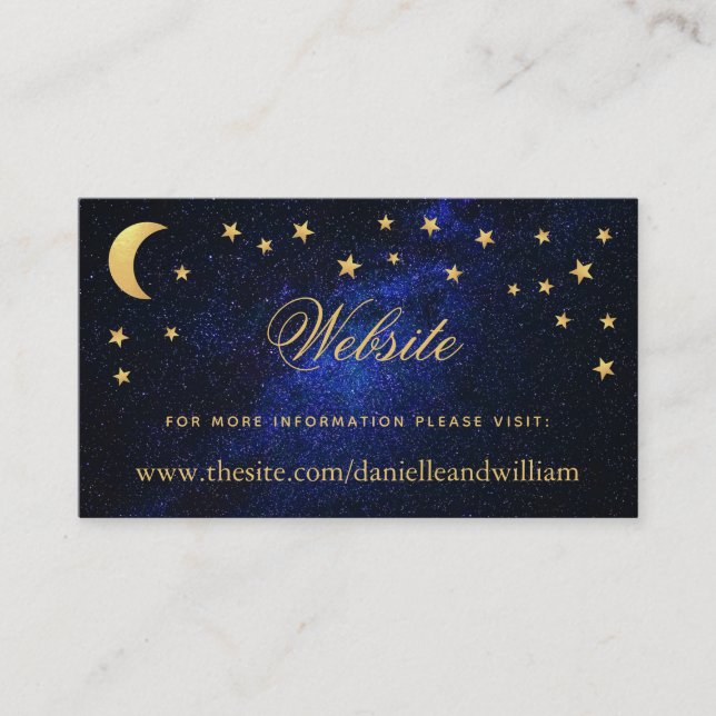 Tarjeta De Recepción Sitio web de boda celestial con estrellas doradas  (Anverso)