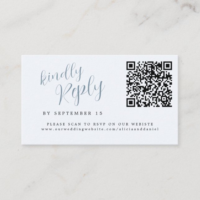 Tarjeta De Recepción Sitio web de boda con código QR azul polvoriento c (Anverso)