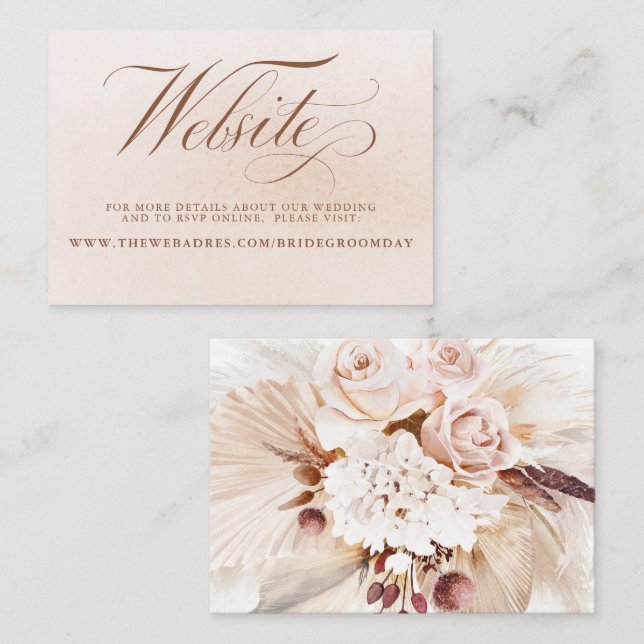 Tarjeta De Recepción Sitio web de boda de hierba de Pampas floral crema (Anverso / Reverso)