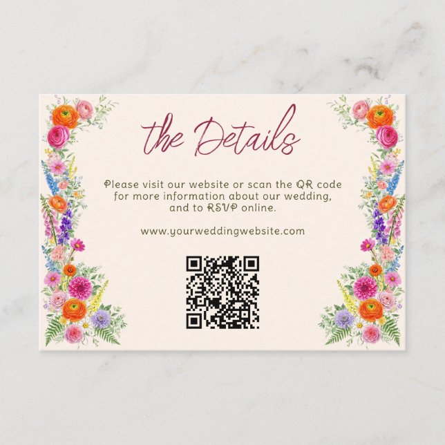 Tarjeta De Recepción Sitio web de boda de jardín de flores silvestres c (Anverso)