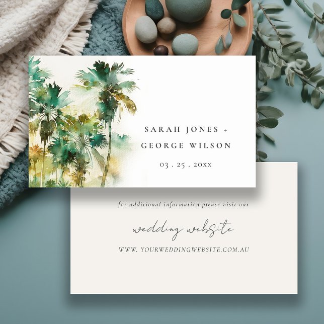 Tarjeta De Recepción Sitio web de boda de palmeras tropicales verde osc (Subido por el creador)