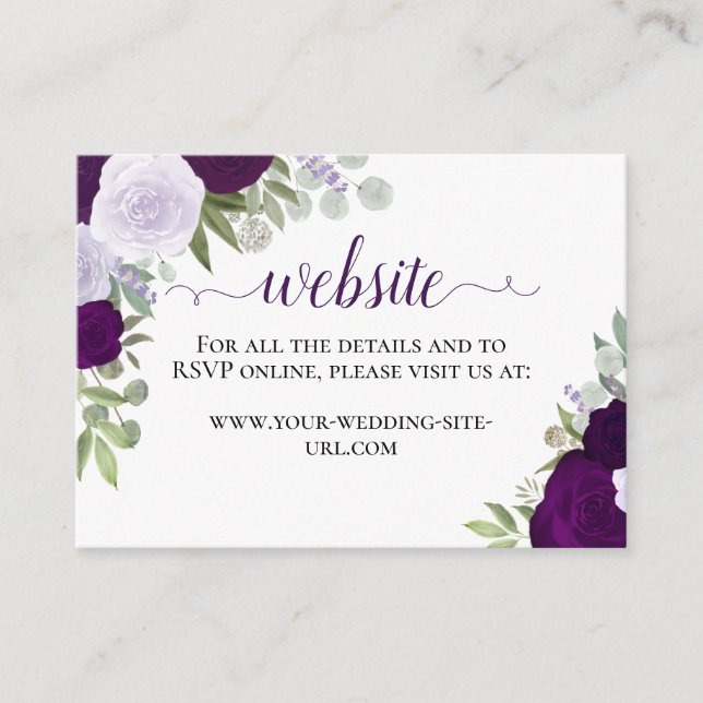 Tarjeta De Recepción Sitio web de boda de rosas acuarela púrpura rústic (Anverso)