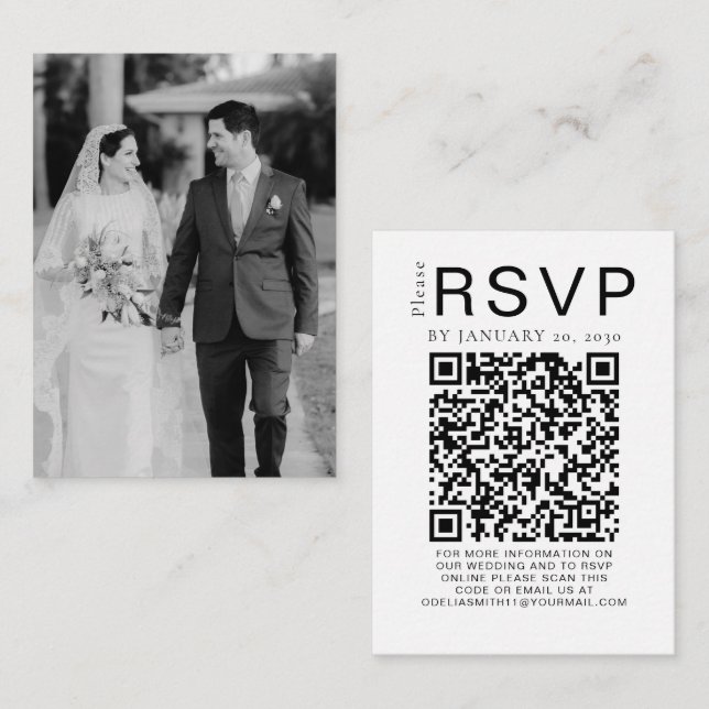 Tarjeta De Recepción Sitio web de boda elegante | Foto código QR RSVP (Anverso / Reverso)