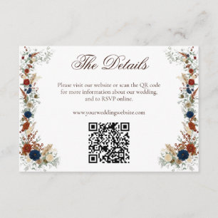 Tarjeta De Recepción Sitio web de boda floral azul marino y naranja que