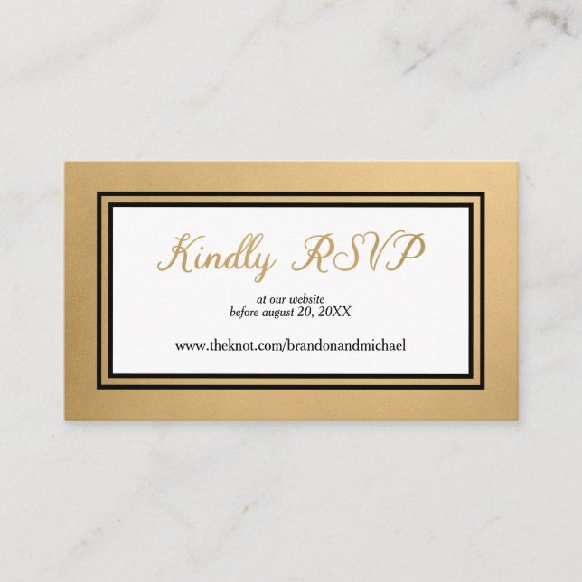 Tarjeta De Recepción Sitio web de Boda formal Gold Black RSVP (Anverso)