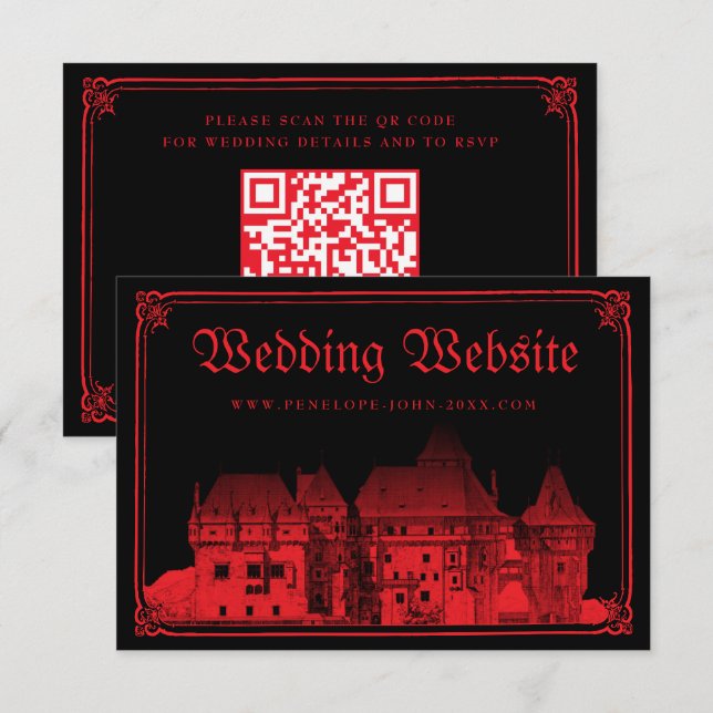 Tarjeta De Recepción Sitio web de boda gótico Castillo Frontera Negro R (Anverso / Reverso)