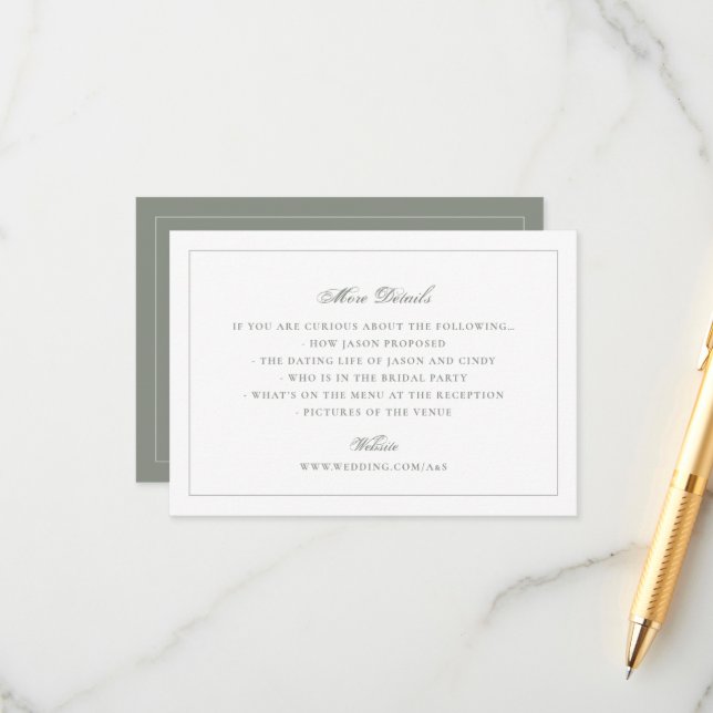 Tarjeta De Recepción Sitio web de boda tradicional verde salvia (Anverso/Reverso In Situ)