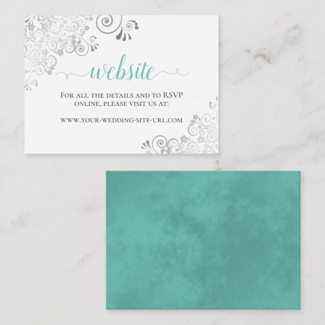 Tarjeta De Recepción Sitio web de Bodas blancos Aqua o Cyan & Silver La (Anverso / Reverso)