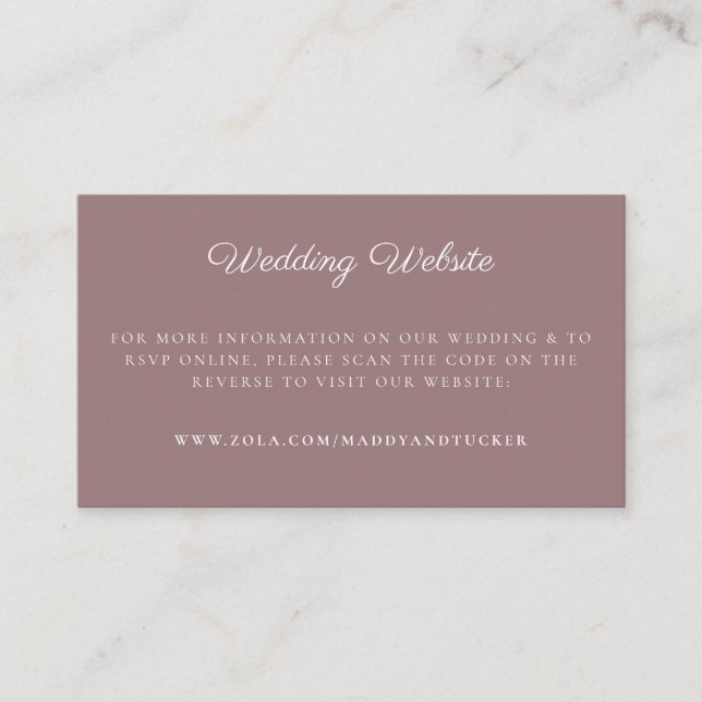 Tarjeta De Recepción Sitio web de bodas | Código QR Mauve RSVP Minimali (Anverso)