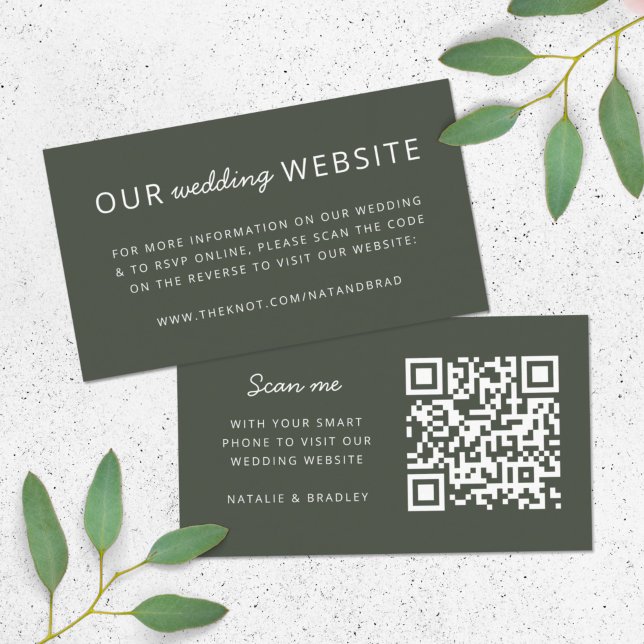 Tarjeta De Recepción Sitio web de bodas | Código QR Verde oliva Minimal (Direct guests seamlessly to your wedding website using this QR code forest green enclosure card)