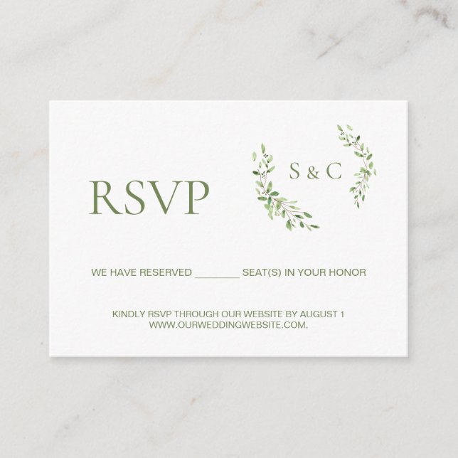 Tarjeta De Recepción Sitio web de bodas Green leaf Monogram Crest RSVP (Anverso)