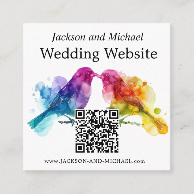 Tarjeta De Recepción Sitio web de bodas LGBTQ+ Rainbow Lovebirds (Anverso)